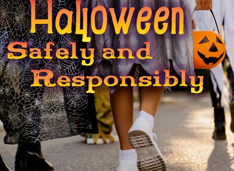 text in an orange yellow gradient that reads, "Celebrate Halloween safely and responsibly. image of three people walking down a street. the three people are pictured from the waist down, wearing a witch costume with black shoes, a ghost with white shoes.