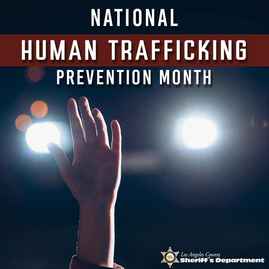 image of a person holding up thier hand calling for help .There are lights from an on comming car driving towards the viewer. Text accross the top reads National Human Trafficking prevention Month.