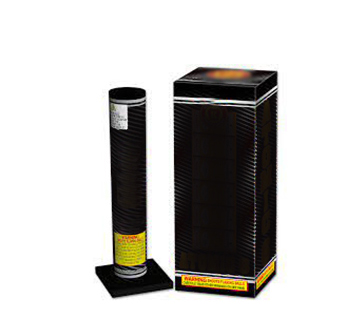 Long cylinder tube used to launch projectiles with a square base. Long black box package is on the side of the tube. 