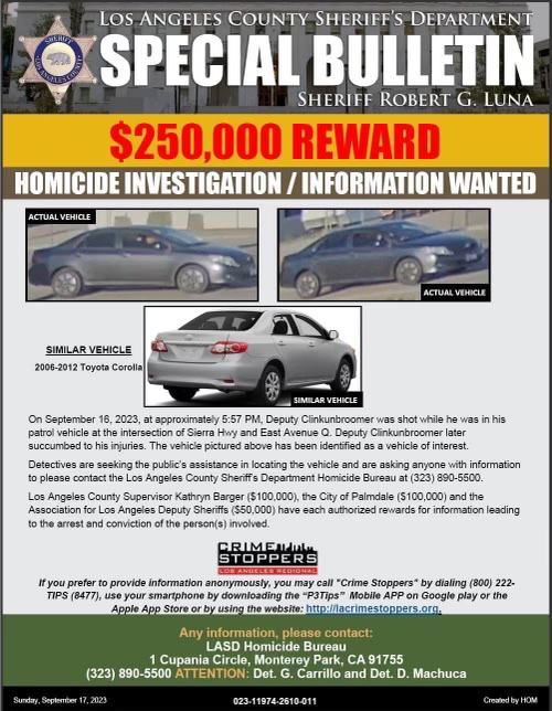 Special Bulletin: $250,000 Reward. Homicide Investigation/Information Wanted. 2006-2012 Toyota Corolla. Grey car. 