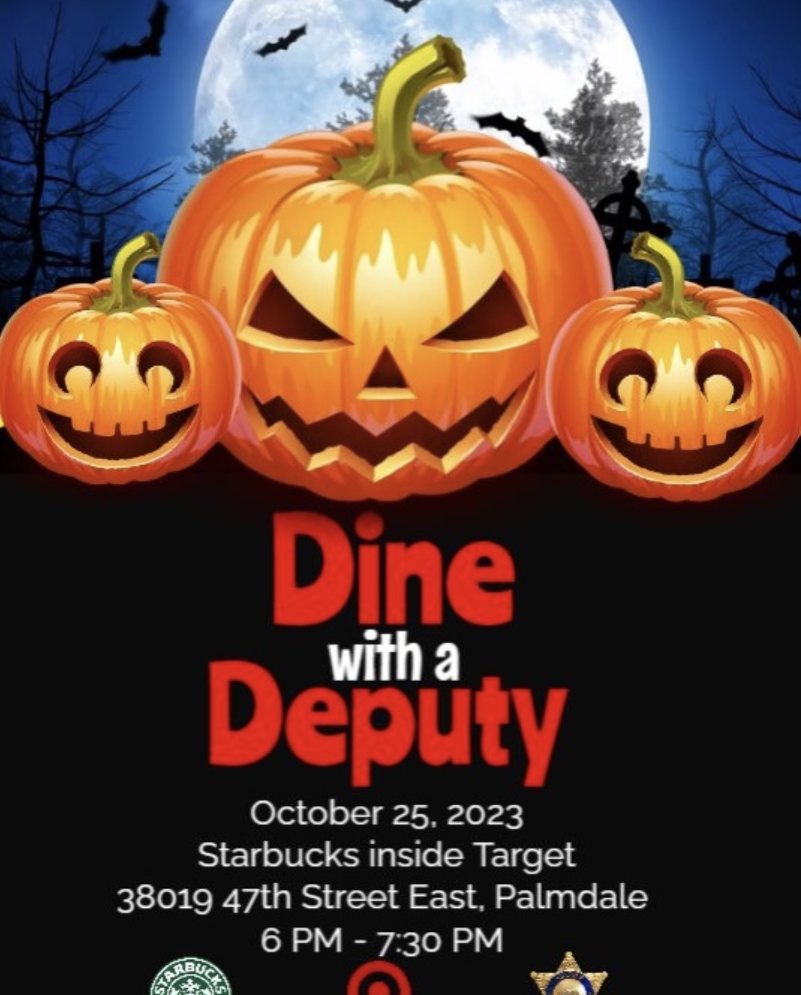 Three jack-o-lanterns on a dark background. Dine with a deputy.