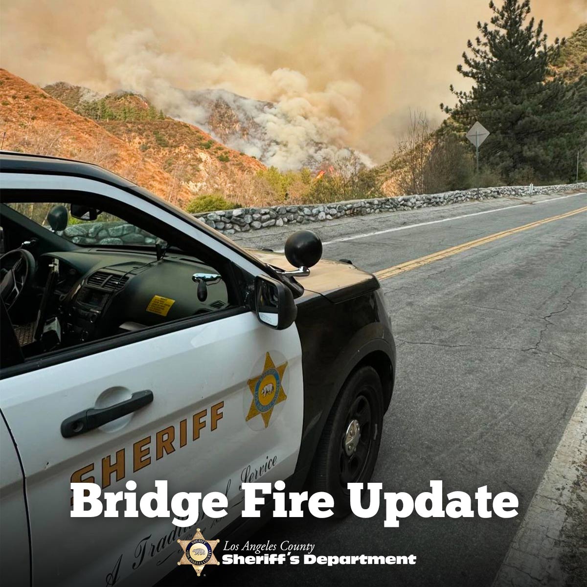 Image of a mountain road with at Sheriff's Black and White vehicle, parked on the road on the lower left of image. The trees beyond the road are on fire and smoke is billowing up across the hills.