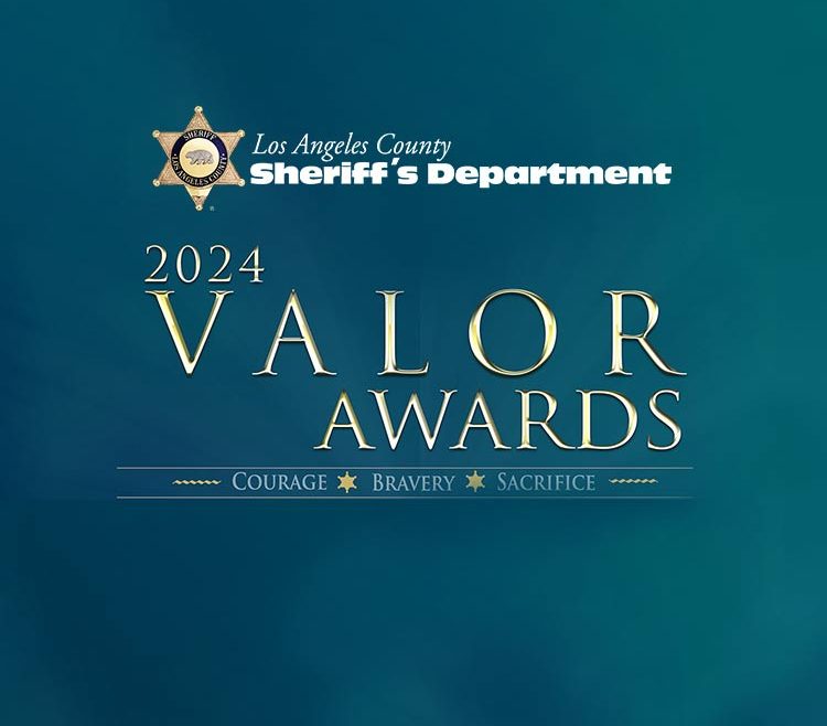 Cloudy blue yellow background with the LA county Sheriff's Star and logo. "2024 Valor Awards" Courage, Bravery and sacrifice.