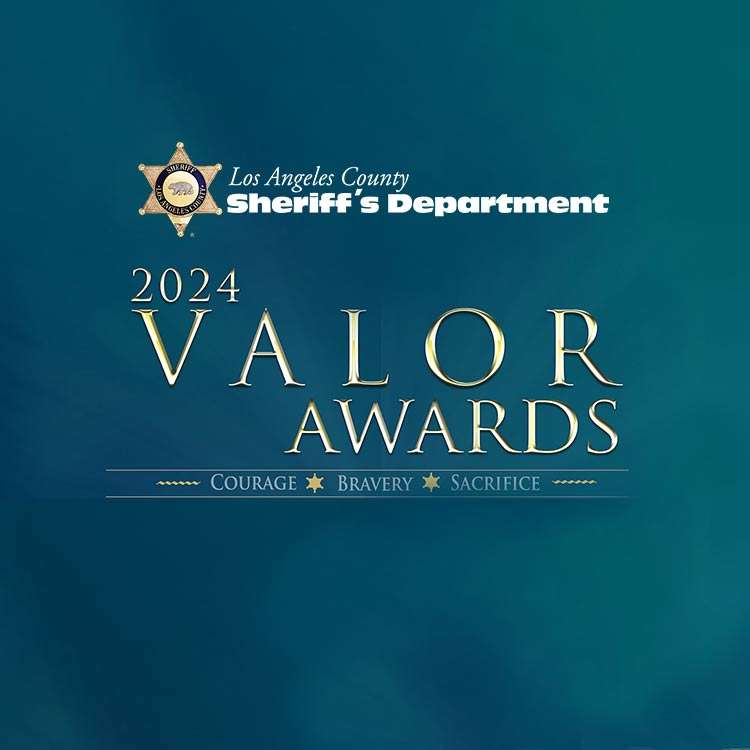 Cloudy blue yellow background with the LA county Sheriff's Star and logo. "2024 Valor Awards" Courage, Bravery and sacrifice.
